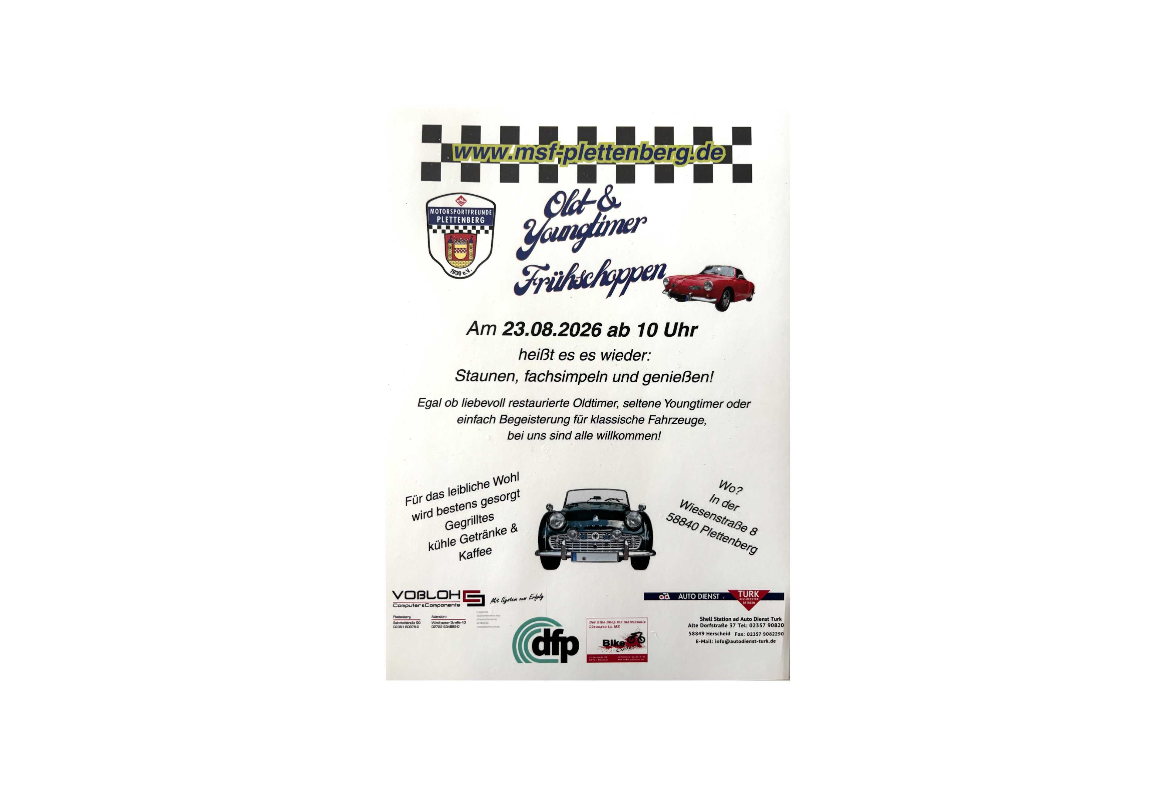 Die MotorSportFreunde Plettenberg laden am 23. August 2026 ab 10 Uhr herzlich zum Oldtimer-Treffen am Clubheim in der Wiesenstraße 8 ein. Da…